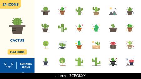 Confezione curata di 24 icone vettoriali 128 x 128 con design Flat Color, incentrate sui concetti Cactus con una nitidezza perfetta IN PIXEL. Illustrazione Vettoriale