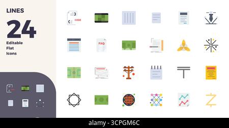 Questo set di 24 icone vettoriali piatte cattura i temi delle linee con una qualità perfetta di 128 x 128 PIXEL, perfetta per applicazioni tecnologiche e aziendali. Illustrazione Vettoriale