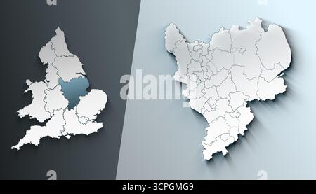 Mappa moderna delle East Midlands England County with Borders Foto Stock