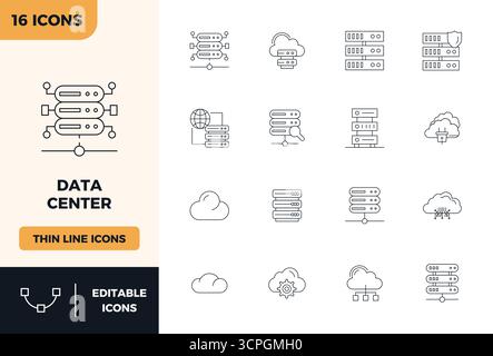 Una raccolta pulita di 16 icone vettoriali Minimal Line che rappresentano il data center, progettate in formato 128x128 PIXEL perfetto per dashboard e interf moderni Illustrazione Vettoriale