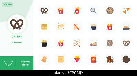 Collezione professionale di 24 icone vettoriali piatte che rappresentano Crispy, realizzate con 128x128 PIXEL precisione perfetta per le applicazioni aziendali. Illustrazione Vettoriale
