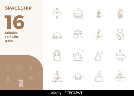 Collezione esclusiva di 16 icone vettoriali Thin Line per Spaceship, sviluppata con risoluzione perfetta da 128x128 PIXEL per esperienze di marca di livello premium. Illustrazione Vettoriale