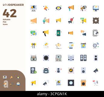 Sofisticato pacchetto di 42 icone vettoriali piatte per altoparlanti, progettate con 128x128 PIXEL DI nitidezza perfetta per le applicazioni professionali. Illustrazione Vettoriale