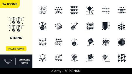 24 icone vettoriali create in modo magistrale che rappresentano String in design pieno, con risoluzione perfetta di 128x128 PIXEL per una qualità visiva eccezionale. Illustrazione Vettoriale