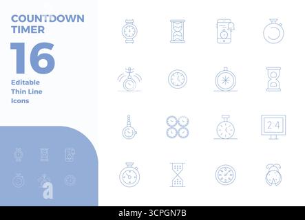 Confezione leader del settore di 16 icone vettoriali Thin Line PIXEL Perfect per Timer conto alla rovescia, con dimensioni di 128x128 per un rendering ottimale e un'interfaccia utente eccellente Illustrazione Vettoriale