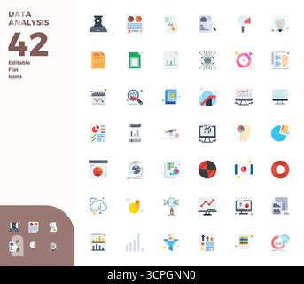 Questo set di 42 icone vettoriali piatte acquisisce temi di analisi dei dati con una qualità perfetta di 128 x 128 PIXEL, perfetta per applicazioni tecnologiche e aziendali. Illustrazione Vettoriale