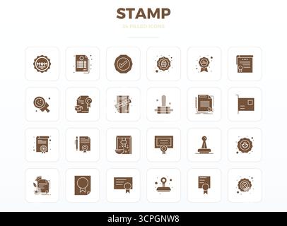 Pacchetto strategico con 24 icone vettoriali che rappresentano il timbro in formato SolidFill, ottimizzato con 128x128 PIXEL qualità perfetta per lavori professionali Illustrazione Vettoriale