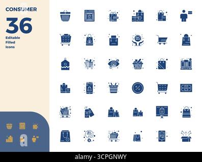 Raccolta ad alte prestazioni di icone vettoriali riempite di 36 glifi per i consumatori, progettata con risoluzione perfetta di 128 x 128 PIXEL per un'interfaccia utente ottimale Illustrazione Vettoriale