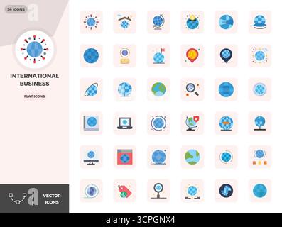 Una raccolta pulita di 36 icone vettoriali piatte che rappresentano International Business, progettate in formato 128x128 PIXEL perfetto per dashboard e interni moderni Illustrazione Vettoriale