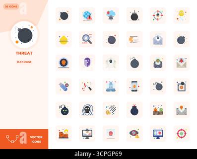 Collezione professionale di 36 icone vettoriali piatte che rappresentano la minaccia, realizzata con 128 x 128 PIXEL DI precisione perfetta per le applicazioni aziendali. Illustrazione Vettoriale