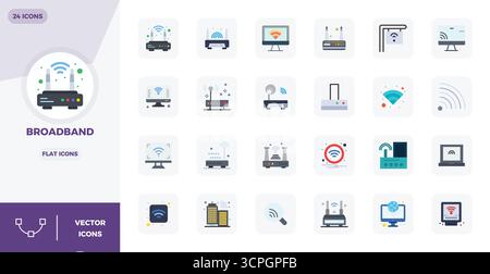 Icone vettoriali perfette da 24 PIXEL progettate in modo intelligente ispirate alla banda larga, create in formato piatto 128x128 per flussi di lavoro di progettazione intelligenti ed efficienti Illustrazione Vettoriale