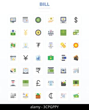 Confezione curata di 42 icone vettoriali 128 x 128 con design minimal Flat, incentrate sui concetti di Bill con una nitidezza perfetta DEI PIXEL. Illustrazione Vettoriale