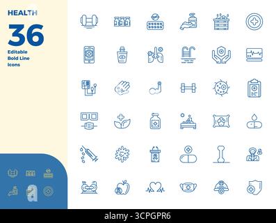 Una raccolta pulita di 36 icone vettoriali Bold Line che rappresentano la salute, progettata in formato 128x128 PIXEL perfetto per dashboard e interfacce moderne. Illustrazione Vettoriale