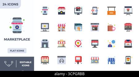 Raccolta ad alte prestazioni di 24 icone vettoriali Flat Color per Marketplace, progettata con risoluzione perfetta di 128x128 PIXEL per un'interfaccia utente ottimale Illustrazione Vettoriale