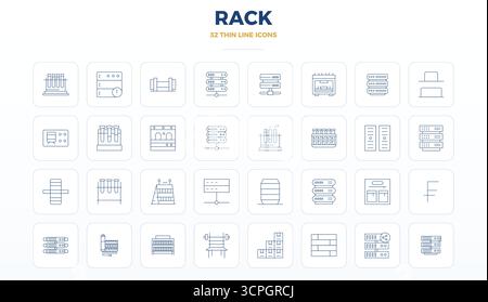 Icone vettoriali 32 Thin Outline PIXEL Perfect per rack, progettate con una risoluzione 128x128 per un'integrazione e prestazioni impeccabili. Illustrazione Vettoriale