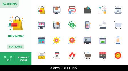 24 icone vettoriali progettate in modo professionale in Flat Color, che catturano l'essenza di Acquista ora con una precisione perfetta di 128x128 PIXEL per la progettazione dell'interfaccia utente. Illustrazione Vettoriale