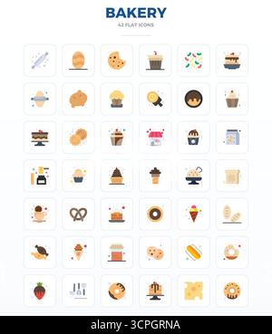 Questo pacchetto di icone vettoriali per prodotti da forno include 42 design minimal Flat in formato da 128 x 128 PIXEL, perfetto per migliorare le interfacce digitali. Illustrazione Vettoriale