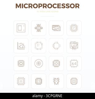 Collezione contemporanea di 16 icone vettoriali che rappresentano il microprocessore nell'estetica Thin Outline, con risoluzione perfetta di 128x128 PIXEL per i più moderni Illustrazione Vettoriale