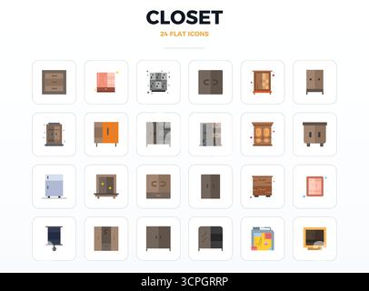 Un set dinamico di 24 icone vettoriali in Minimal Flat, personalizzato per armadio con 128x128 PIXEL, qualità perfetta per i prodotti digitali. Illustrazione Vettoriale