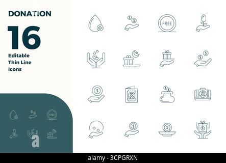 16 icone vettoriali Thin Line ideate meticolosamente per la donazione, fornite in 128x128 PIXEL DI qualità perfetta per standard di progettazione senza compromessi. Illustrazione Vettoriale