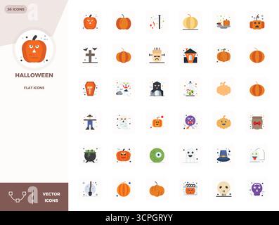 Pacchetto strategico con 36 icone vettoriali raffiguranti Halloween in formato piatto, ottimizzato con 128 x 128 PIXEL, qualità perfetta per i lavoratori professionali Illustrazione Vettoriale