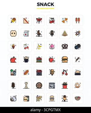 Un set dinamico di 42 icone vettoriali in LineFill, personalizzato per snack con 128x128 PIXEL, qualità perfetta per i prodotti digitali. Illustrazione Vettoriale
