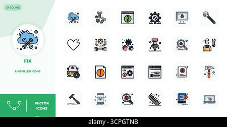 Raccolta ad alte prestazioni di 24 icone vettoriali LineFilled per Fix, progettata con risoluzione perfetta di 128x128 PIXEL per un design ottimale dell'interfaccia utente. Illustrazione Vettoriale