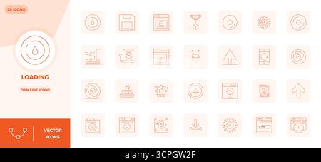 Un set dinamico di 28 icone vettoriali in linea sottile, personalizzato per il caricamento con 128 x 128 PIXEL, qualità perfetta per i prodotti digitali. Illustrazione Vettoriale