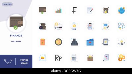 Pacchetto completo con 24 icone vettoriali nel design piatto per la finanza, con una qualità perfetta di 128 x 128 PIXEL. Illustrazione Vettoriale