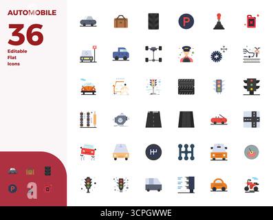 Un set dinamico di 36 icone vettoriali in Flat, personalizzato per l'automobile con 128x128 PIXEL DI qualità perfetta, adatto per i prodotti digitali. Illustrazione Vettoriale