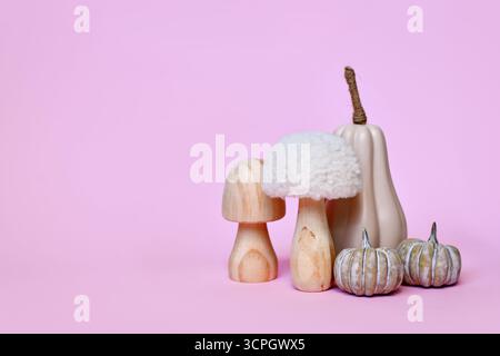 Ornamenti decorativi di zucca e funghi su sfondo rosa con spazio per le copie Foto Stock