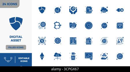 Scopri un set di 24 icone vettoriali piene create per il tema Digital Asset, con design perfetti da 128x128 PIXEL, ideali per i moderni progetti UI/UX. Illustrazione Vettoriale