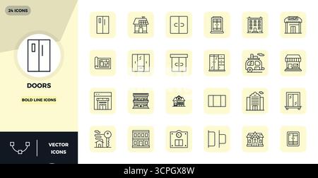 Icone vettoriali perfette per le porte con 24 PIXEL DI linea in grassetto, create con una risoluzione 128x128 per una straordinaria coerenza visiva su tutte le piattaforme Illustrazione Vettoriale