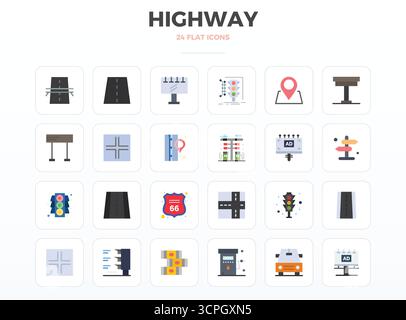 Questo pacchetto di icone vettoriali Highway include 24 design minimali piatti in formato da 128 x 128 PIXEL, perfetto per migliorare le interfacce digitali. Illustrazione Vettoriale