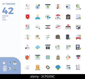Bundle all'avanguardia con icone vettoriali perfette da 42 PIXEL ispirate al modello Approved, creato in formato piatto da 128x128 per interfacce di nuova generazione Illustrazione Vettoriale