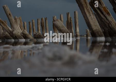 Una composizione potente e dinamica con pali in legno intemperie, alcuni inclinati ad angoli acuti, riflessi nell'acqua ferma di un lago salato. Foto Stock