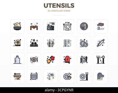 Questo set di 24 icone vettoriali LineFill cattura temi di utensili con una qualità perfetta di 128 x 128 PIXEL, perfetta per applicazioni tecnologiche e aziendali. Illustrazione Vettoriale