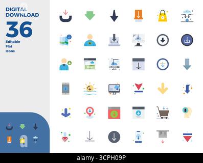 Collezione esclusiva di 36 icone vettoriali piatte per il download digitale, sviluppata con risoluzione perfetta da 128 x 128 PIXEL per esperienze di marca di livello premium. Illustrazione Vettoriale