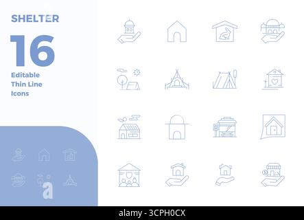 Confezione pronta per il futuro di 16 icone vettoriali incentrate su Shelter, con design Thin Line con una nitidezza perfetta di 128 x 128 PIXEL per l'utente innovativo interfa Illustrazione Vettoriale