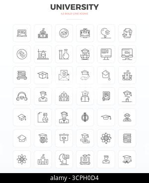 42 icone vettoriali strong Outline accuratamente selezionate per University, con risoluzione perfetta di 128 x 128 PIXEL per una rappresentazione coerente del marchio e di noi Illustrazione Vettoriale