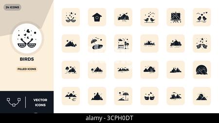 Un set dinamico di 24 icone vettoriali riempite, personalizzate per uccelli con una qualità perfetta di 128x128 PIXEL, adatta per i prodotti digitali. Illustrazione Vettoriale