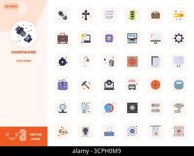 Una raccolta pulita di 36 icone vettoriali piatte che rappresentano l'hardware, progettate in formato da 128 x 128 PIXEL perfetto per dashboard e interfacce moderne. Illustrazione Vettoriale