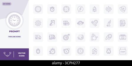 Un set dinamico di 28 icone vettoriali in linea sottile, personalizzato per Prompt con 128x128 PIXEL qualità perfetta, adatto per i prodotti digitali. Illustrazione Vettoriale