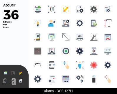 Raccolta ad alte prestazioni di 36 icone vettoriali piatte per la regolazione, progettata con risoluzione perfetta da 128x128 PIXEL per un design ottimale dell'interfaccia utente. Illustrazione Vettoriale