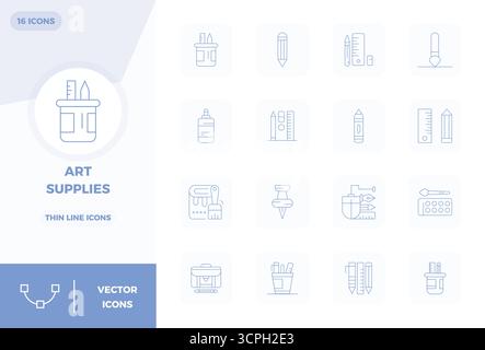 16 icone vettoriali Thin Line accuratamente curate per forniture d'arte, con risoluzione perfetta di 128 x 128 PIXEL per una rappresentazione coerente del marchio e dell'utente Illustrazione Vettoriale