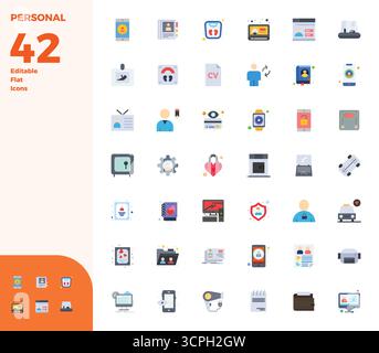 Confezione esclusiva di icone vettoriali perfette da 42 PIXEL ispirate a Personal, realizzate in formato piatto 128x128 per esperienze memorabili del marchio. Illustrazione Vettoriale