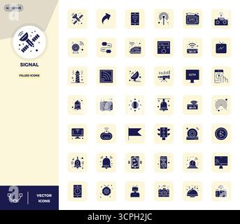 Collezione di 42 icone vettoriali che rappresentano Signal in un'estetica piena, ottimizzata con risoluzione perfetta da 128x128 PIXEL per il massimo impatto. Illustrazione Vettoriale