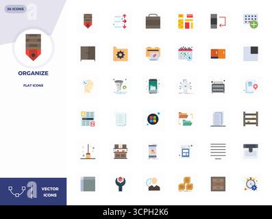 Collezione esclusiva di 36 icone vettoriali piatte per l'organizzazione, sviluppata con risoluzione perfetta da 128 x 128 PIXEL per esperienze di marca di livello premium. Illustrazione Vettoriale
