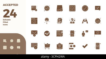 Collezione esclusiva di 24 icone vettoriali riempite di glifo per accettati, sviluppata con risoluzione perfetta di 128x128 PIXEL per esperienze di marca di livello premium. Illustrazione Vettoriale
