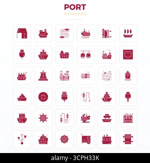 Raccolta avanzata di icone vettoriali perfette da 36 PIXEL ispirate a Port, realizzate in SolidFill con ottimizzazione 128x128 per prestazioni visive superiori. Illustrazione Vettoriale